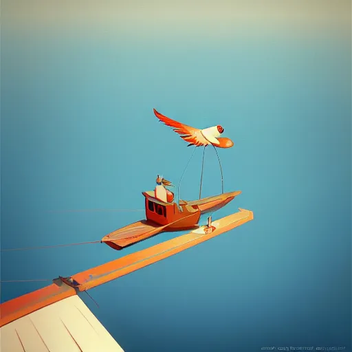 Image similar to goro fujita ilustration view from the sky of a bird with open wings with feathers flying above a fishing boat in the middle of the ocean, painting by goro fujita, sharp focus, highly detailed, artstation