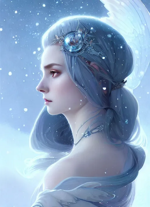 Image similar to a beautiful cinematic female winter goddess, cristal dress, ice wing, galatic shamen with quantum energy fantasy, fantasy magic, undercut hairstyle, dark light night, intricate, elegant, sharp focus, illustration, highly detailed, digital painting, concept art, matte, art by wlop and artgerm and greg rutkowski and alphonse mucha, masterpiece