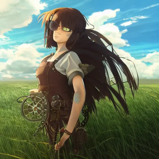 Prompt: steampunk angle, serious, extremely detailed, made by wlop and studio ghibli, cinematic lighting, full body portrait, illustration, grass, sunny, clouds, sky, anime, side view,