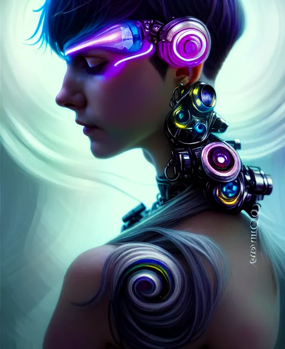 Image similar to a whirlwind of souls rushing inside the metaverse, half body, jewelry, fashionable short haircut, headset, android, cyborg, cyberpunk face, by loish, d & d, fantasy, intricate, elegant, highly detailed, colorful, vivid color, digital painting, artstation, concept art, art by artgerm and greg rutkowski and alphonse mucha