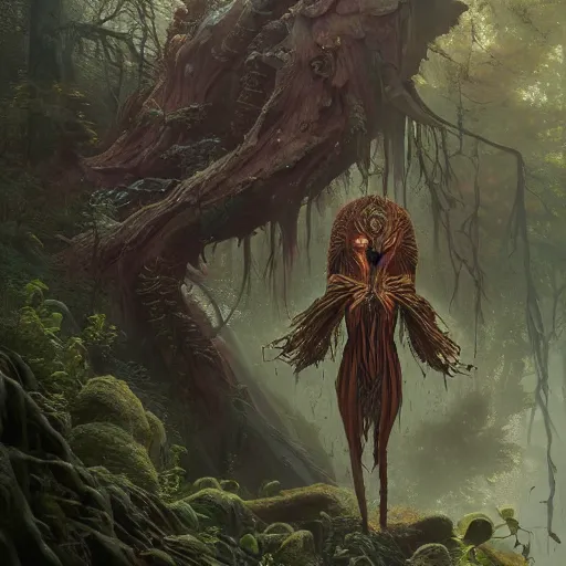 Image similar to highly detailed creepy forest humanoide creature in robes, stephen bliss, unreal engine, fantasy art by greg rutkowski, loish, rhads, ferdinand knab, makoto shinkai and lois van baarle, ilya kuvshinov, rossdraws, tom bagshaw, global illumination, radiant light, detailed and intricate environment