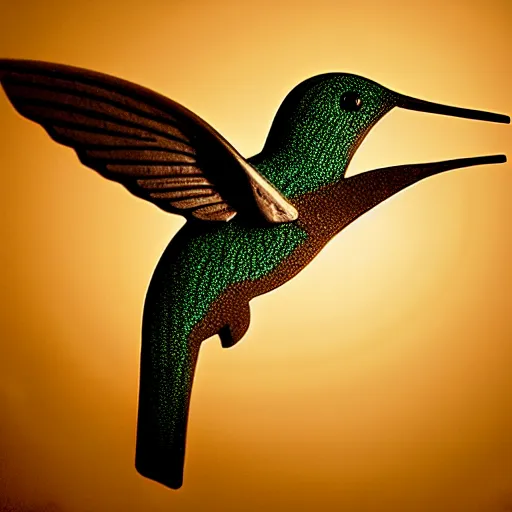 Image similar to intricate hummingbird carved from ivory, bioluminescent, photograph, studio lighting