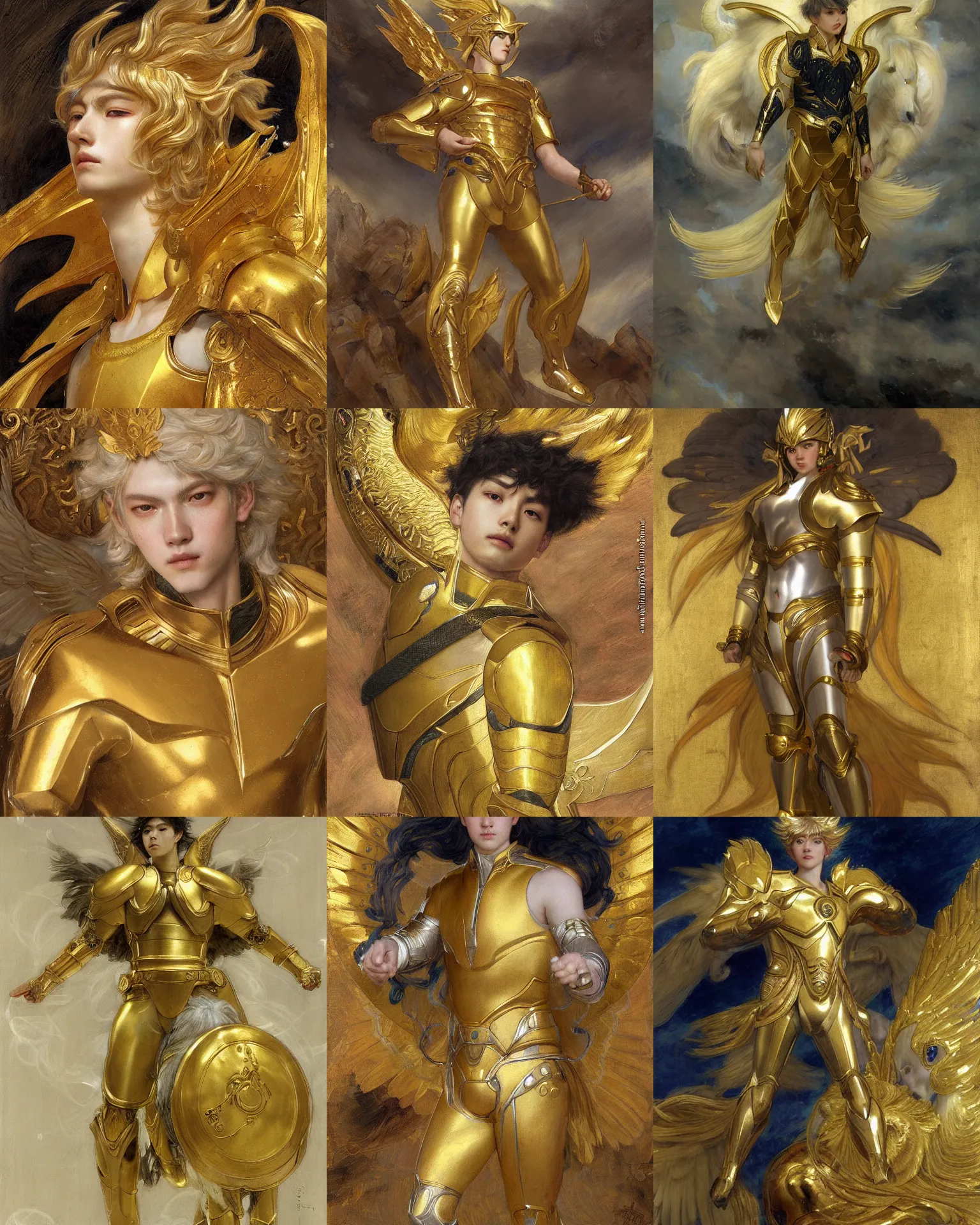 Prompt: portrait of Pegasus Seiya wearing golden armor by Edgar Maxence and Ross Tran