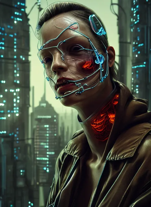 Prompt: 3 / 4 portrait, transparent skin, muscle, bones, veins, nerves, retro clothing, hyperrealism, detailed, photorealistic, cyberpunk apocalyptic city, futuristic, ultra realistic, cinematic, intricate, cinematic light, unreal engine 8 k, octane render, unreal engine by charlie bowater, david kostic, stanley lau, artgerm