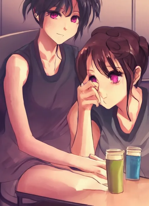 Prompt: two beautiful mothers sitting across from each other, tank tops, gorgeous faces, thick lines, cinematic lighting, detailed anime art