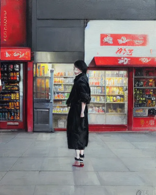 Image similar to a ultradetailed beautiful panting of a stylish woman standing next to a convenience store, she is wearing streetwear, highly detailed face, oil painting, by ruan jia