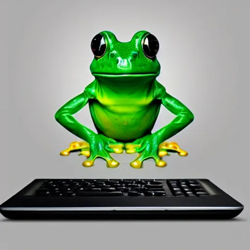Prompt: abstract art of a frog sitting behind a computer