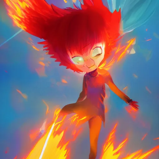 Prompt: anime painting frantic cute fiery bird zipping around, wanting to explore and investigate everything. it\'s curiosity is unbounded and insatiable, digital art, trending on artstation, stylized, colorful feathers, anime art by Kuvshinov Ilya, lariennechan, Aokamei