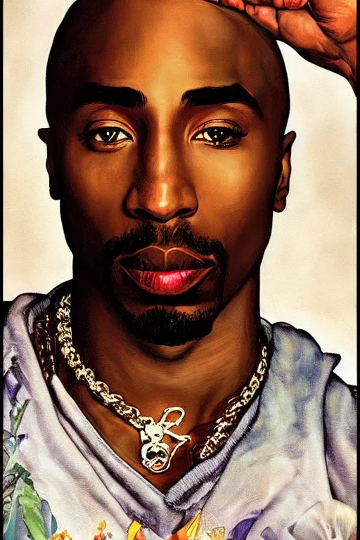 Image similar to Tupac, illustrated in whimsical style, Illustration by Norman Rockwell, Kehinde Wiley!!, artgerm, loish, oil painting,