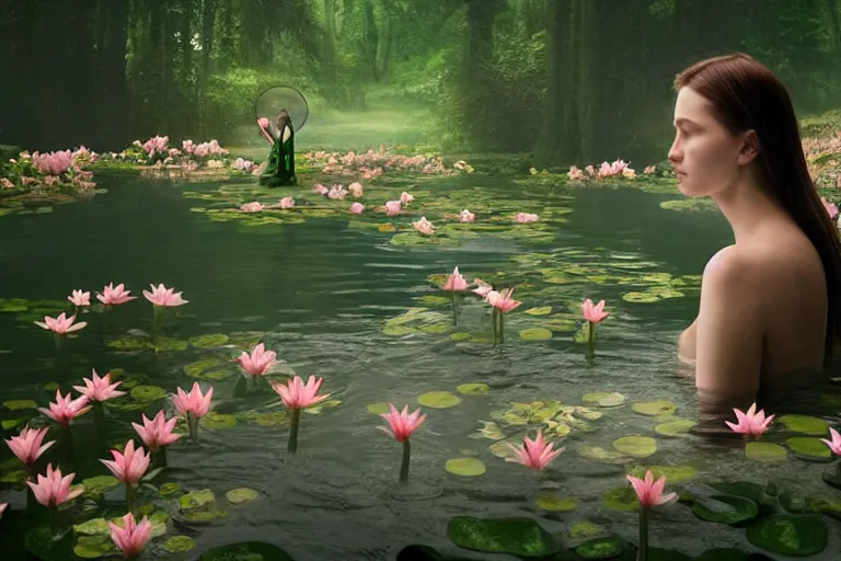 Prompt: hyperrealistic cinematic 3 d portrait of a woman's head and shoulders floating in a pond, surrounded by a forrest of lillies, deep focus, intricate, elegant, highly detailed, matte, sharp focus, by bill henson and gregory crewdson and james jean