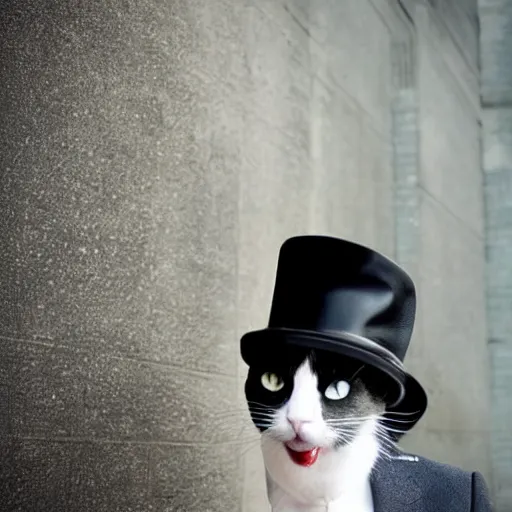 Prompt: a cat gentleman wearing a black leather hat, black suit, frontal view, cool looking