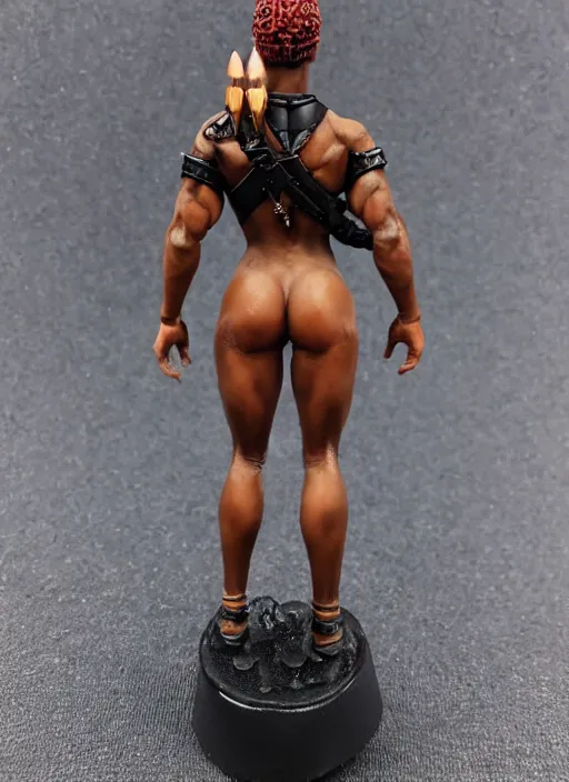 Prompt: 80mm resin detailed miniature of a beautiful muscular black female, clothed in worrier armor, tanned skin, skin head, beautiful bone structure, symmetrical facial features, Product Introduction Photos, 4K, Full body, view from behind