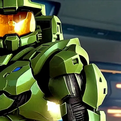 Prompt: still of master chief from halo in back to the future cinematic wide shot