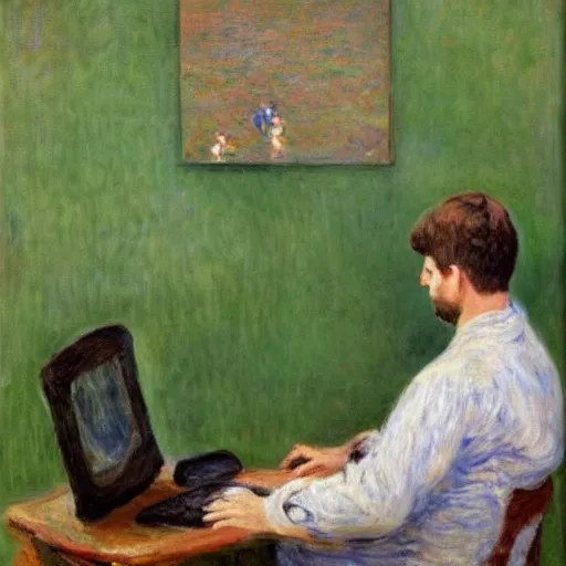 Image similar to monet painting of a man playing warzone on a computer, a soccer ball falls on his head, highly detailed, realistic,