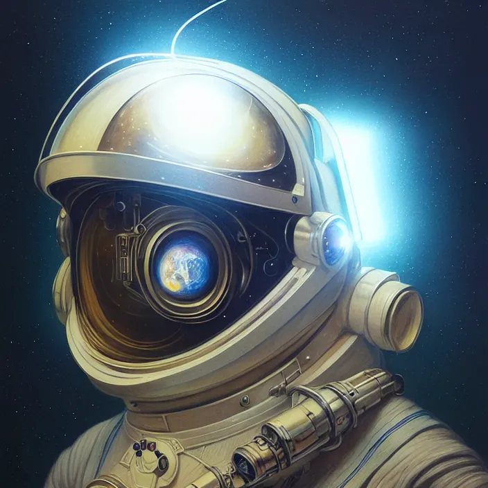 Image similar to ultra realistic retro futuristic astronaut helmet, lens flare, diffuse lighting, fantasy, intricate, elegant, highly detailed, lifelike, photorealistic, digital painting, artstation, illustration, concept art, smooth, sharp focus, art by John Collier and Albert Aublet and Krenz Cushart and Artem Demura and Alphonse Mucha