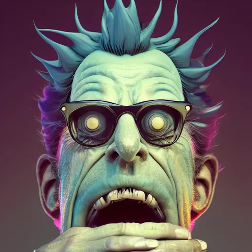 Image similar to apocalyptic rick sanchez portrait with twisted ribbed face by rutkowsky and charles vess and james jean and erik jones and rhads, baroque, 3 d octane render, beautiful fine face features, intricate high details, sharp, ultradetailed