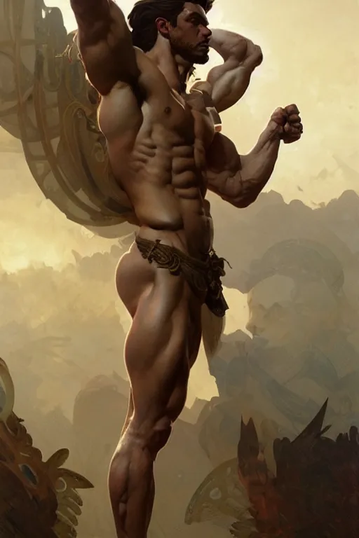 Image similar to Greek god, gorgeous, amazing, muscular, fit, very muscular male body, intricate, highly detailed, digital painting, artstation, concept art, sharp focus, illustration, art by greg rutkowski and alphonse mucha