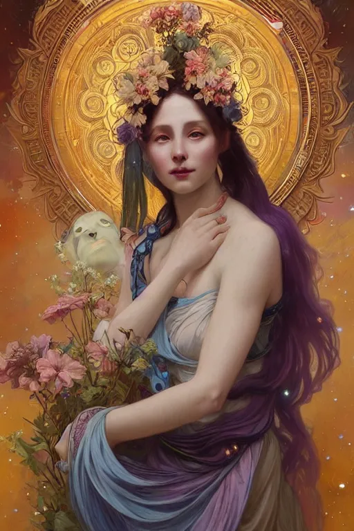 Image similar to Full view realistic Celestial Goddess of cosmic nebula in a beautiful dress, 4k digital illustration by Mandy Jurgens and Ruan Jia, ornate Iconography background in the style of Alphonse Mucha, tarot card, stunning portrait, amazing magnificent mystical illustration, award winning art, detailed and realistic, soft lighting, intricate details, realistic, full view, Artstation, CGsociety