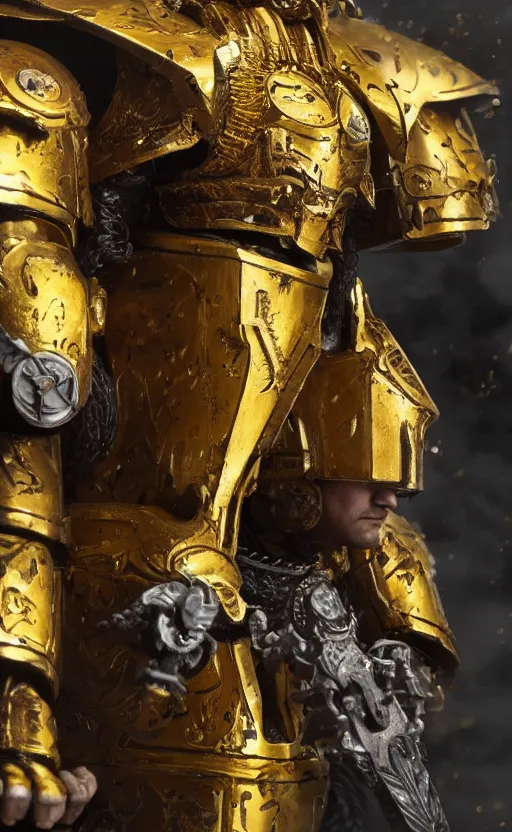 Image similar to angry Henry Cavill as warhammer 40k God-Emperor of Mankind dressed in his glowing golden power armor with no helmet. full-length portrait, beautiful face, long hair, painted by Donato Giancarlo, intricate fine armor rune details, cinematic, highly detailed, octane render