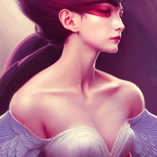 Image similar to 3 / 4 view of a portrait of woman with bird wings, confident pose, pixie, genshin impact,, intricate, elegant, sharp focus, illustration, highly detailed, concept art, matte, trending on artstation, anime, bright colors, art by wlop and artgerm and greg rutkowski, marvel comics h 6 4 0