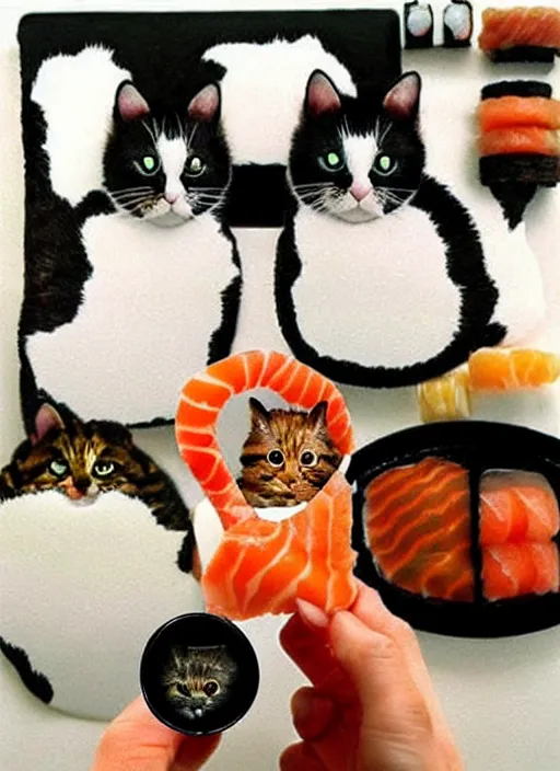 Image similar to clear photorealistic picture of adorable cats made out of sushi