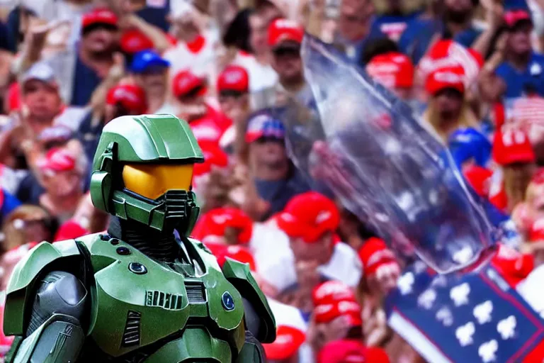 Image similar to diorama effect photo of master chief at a trump rally