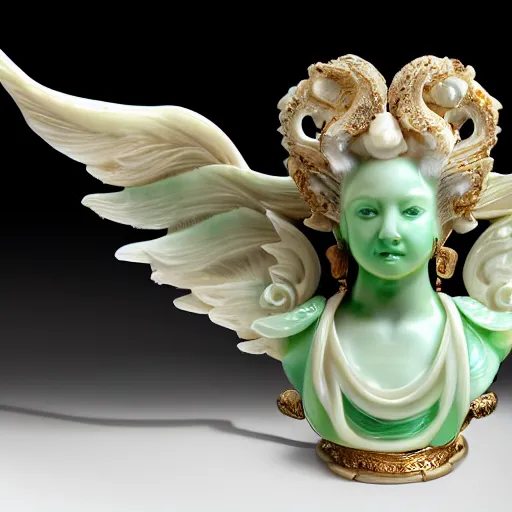 Image similar to a closeup photo, rococo alabaster and jade real delicate ceramic porcelain sculpture of an ornate detailed phoenix goddess in front of an intricate background by rafael, micro detail, backlit lighting, subsurface scattering, translucent, thin porcelain, emerald, jade, octane renderer, colorful, physically based rendering, trending on cgsociety