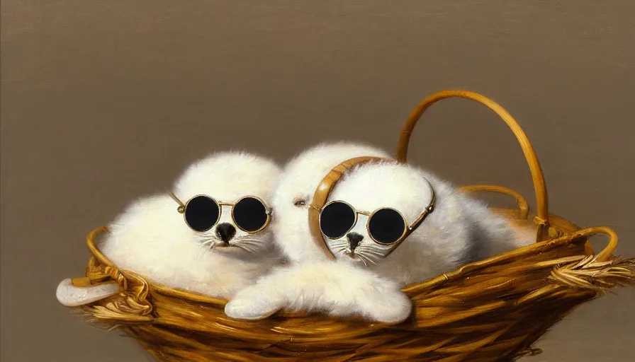 Image similar to highly detailed painting of cute furry white baby seals wearing headphones and shades cuddling up in a basket by william turner, thick brush strokes and visible paint layers, 4 k resolution