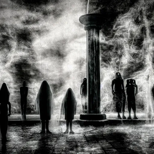 Image similar to the ghosts of the past, present and the future dancing around the fountain of youth and wisdom translucent transparent smoke photorealistic creepy dark foreboding unearthly ghoulish
