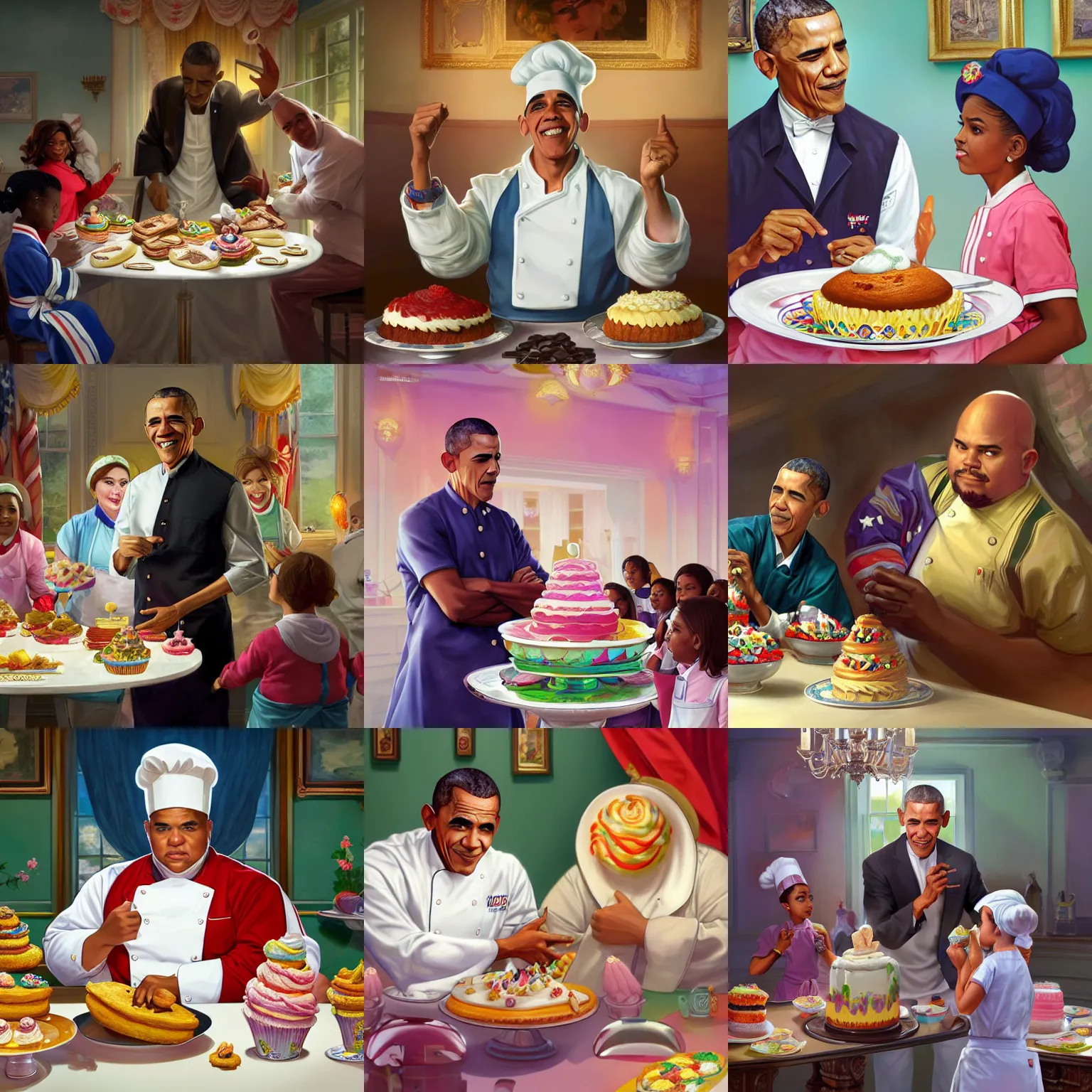 Prompt: Barack Obama as an Obese chef serving colorful cakes and cookies to kids in the Oval room, highly detailed, digital painting, artstation, concept art, sharp focus, illustration, art by artgerm and greg rutkowski and alphonse mucha