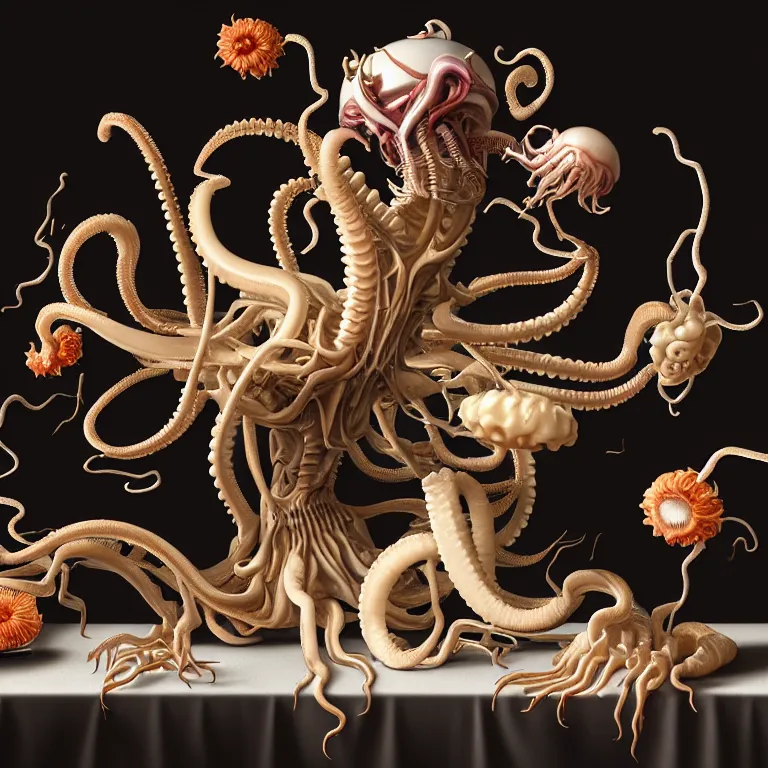 Image similar to still life of xenomorph alien surreal flowers on a table, alien squid, white octopus, , surreal alien ribbed fruit, human spine, baroque painting, beautiful detailed intricate insanely detailed octane render trending on Artstation, 8K artistic photography, photorealistic, chiaroscuro, Raphael, Caravaggio, infrared photo