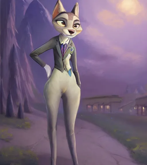 Image similar to oil painting of detailed full body of anthromorphic female wolf, in style of zootopia, zootopia, zootopia, fursona, furry, furaffinity, 4 k, deviantart, furry art, fursona art, wearing black business suit, business suit, in style of zootopia, wolf fursona, cyberpunk, female, expressive detailed feminine face,