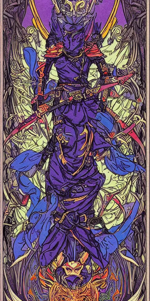 Image similar to a ninja from final fantasy 14, intricate, amazing line work, cosmic, psychedelic, cheerful, colorful, tarot cards, the devil tarot card