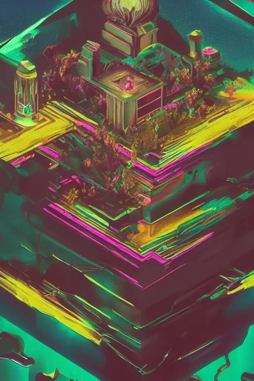 Image similar to shadow of the illuminate, painted by sid check and george barr, trending on artstation, dramatic lighting isometric view vaporwave, iridescent colors, vaporwave, macro, mannerism