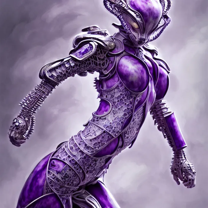 Image similar to porcelain cyborg armor, Chinese Kangxi purple and white fox pattern porcelain, diffuse lighting, fantasy, intricate, elegant, highly detailed, lifelike, photorealistic, digital painting, artstation, illustration, concept art, smooth, sharp focus, art by John Collier and Albert Aublet and Krenz Cushart and Artem Demura and Alphonse Mucha