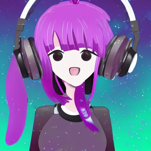 Image similar to “ cute anime woman djing a party, purple hair, headphones on the girl ’ s head, turntables, rave, digital art, unreal engine ”