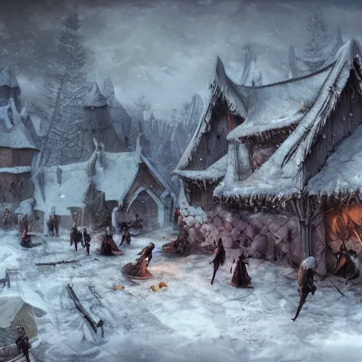 Prompt: Several bodies of dead villagers in the middle of a village in the snow, fantasy, medieval, highly detailed, Artstation