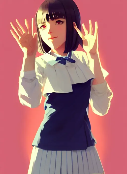 Image similar to full body beautiful and cute and aesthetic school girl greeting, very slightly smiling, wave a hand at the camera, perfect face, symmetric eyes, sharp focus, specular reflection, occlusion shadow, artstation, by ilya kuvshinov and jeremy lipking and quentin mabille, light novel cover art, 3 d epic illustrations, symmetric body