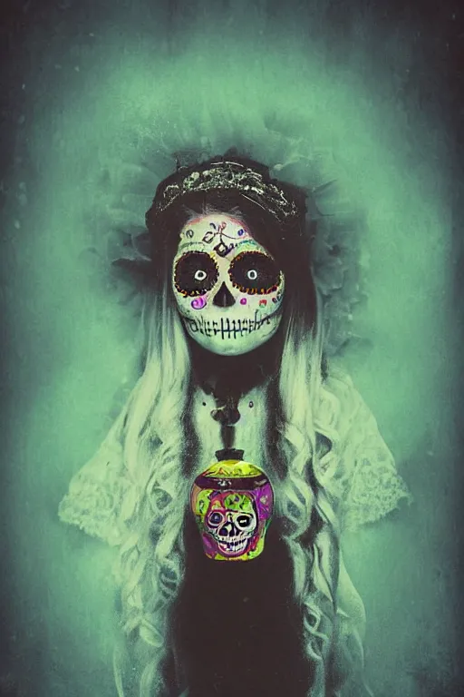 Prompt: Illustration of a sugar skull day of the dead girl, art by Mikko Lagerstedt