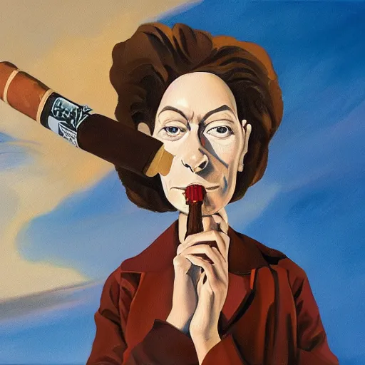 Image similar to an oil painted caricature of a young tilda swinton with a cuban cigar in her hand, blowing out smoke, by salvador dalí, trending on art station, 4K, studio ghibli color scheme