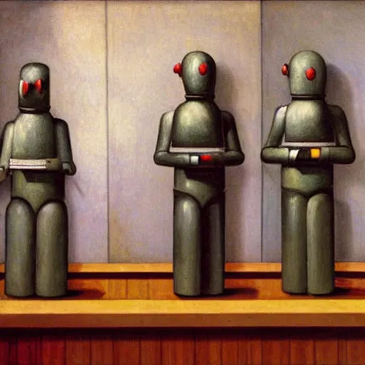 Image similar to three brutalist robot bishops in a study chambers, grant wood, pj crook, edward hopper, oil on canvas