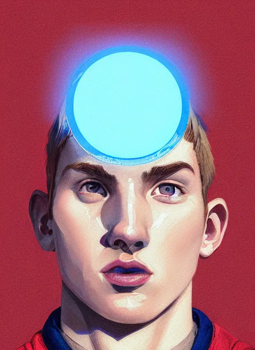 Image similar to portrait of high school senior boy named big moose, blonde short hair, jock, beefy, wide face, square jaw, square facial structure, blue varsity jacket with letter r, intricate, elegant, glowing lights, highly detailed, digital painting, artstation, concept art, sharp focus, illustration, art by wlop, mars ravelo and greg rutkowski