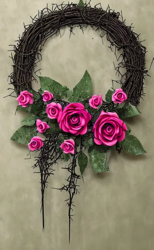 Image similar to gothic dark thorns wreath with pink roses painting realistic