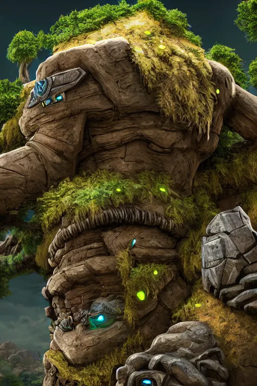 Image similar to zelda fantasy art giant golem troll wood rock greeble gemstone, global illumination ray tracing hdr fanart arstation by sung choi and eric pfeiffer and gabriel garza and casper konefal