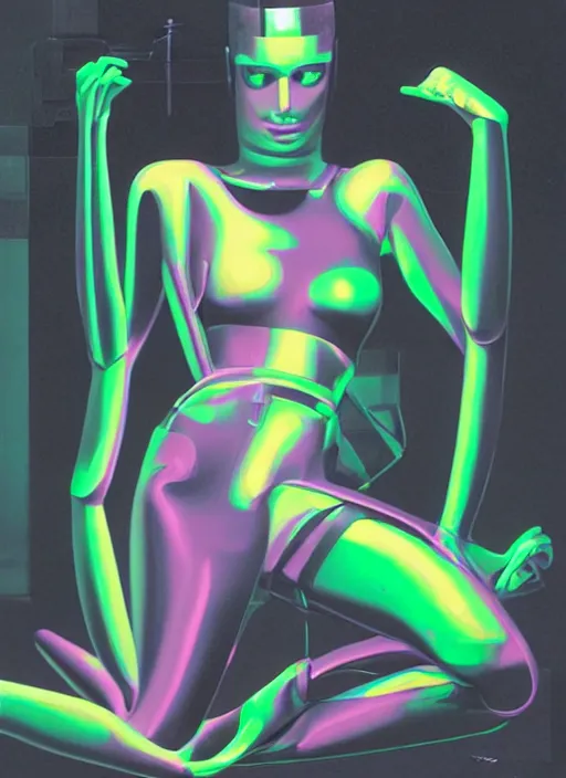 Image similar to futuristic lasers tracing, data visualization, laserpunk fullbodysuit,, pyramid visor, raindrops, wet, oiled, beautiful cyborg girl pinup, by steven meisel, kaws, james jean, rolf armstrong, cubist perfect geometry abstract acrylic, hyperrealism photorealistic airbrush collage painting, monochrome, neon fluorescent colors, minimalist rule of thirds, eighties eros