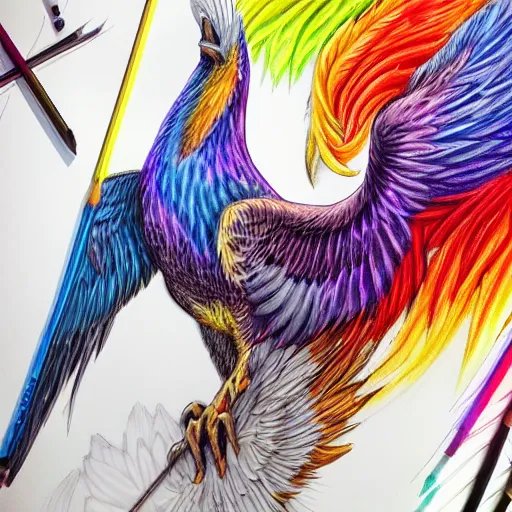 Image similar to picture of long spear made of multicoloured feathered wings, prismatic, full detailed drawing, hyperrealism, full weapon drawing, magic the gathering, white background