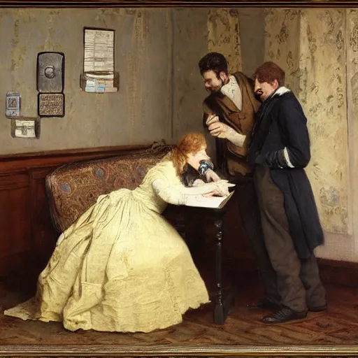Prompt: man and woman solving an escape room riddle by alfred stevens