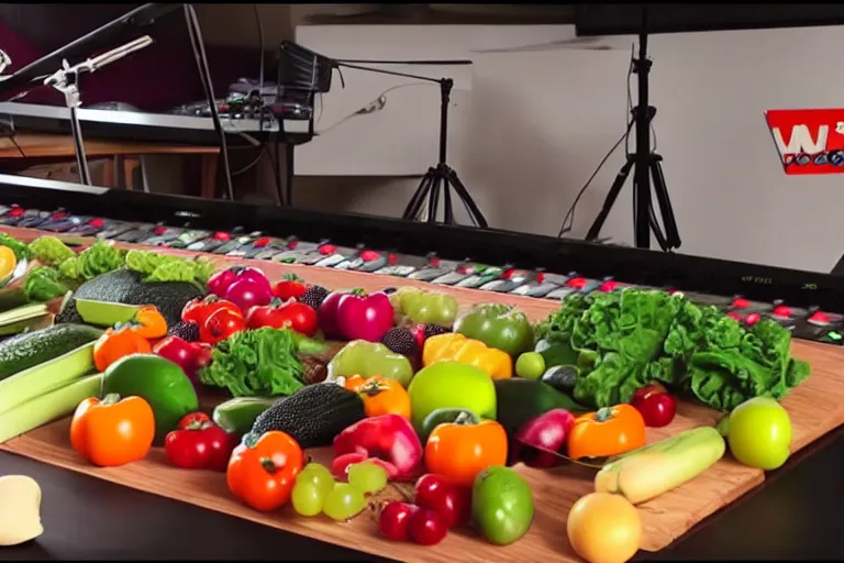 Image similar to film still of fresh fruits and vegetables making beats in the studio on an mpc