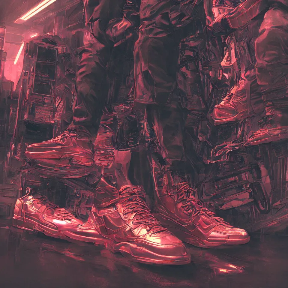 Prompt: realistic cyberpunk sneaker, beautiful studio lighting, soft, sharp focus, neon cyberpunk highlights, intricate detail, gold and red accents, soft rubber, octane render, wide angle, trending on artstation, deviantart, art by syd mead