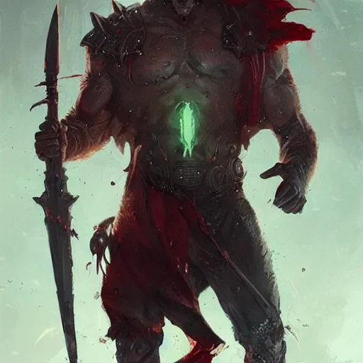 Prompt: mutant man with sword, fantasy boss, dramatic illustration, muscular character, a lot of blood, huge horns, art by greg rutkowski, digital art, artstation